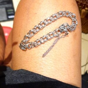 AUTHENTIC GENUINE SOLID STERLING SILVER CHARM BRACELET WITH SAFETY CHAIN 7"